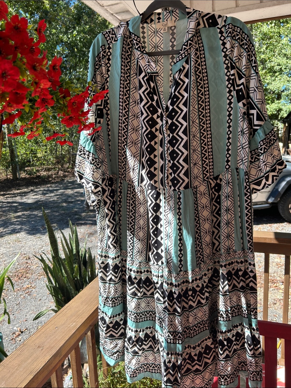 Geometric Tiered Midi Dress in Mint and Black
